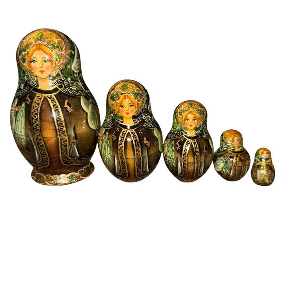 Other - VINTAGE 5 Pc RUSSIAN‎ NESTING DOLLS SIGNED Paguohoba Russia Beautiful Hand Paint